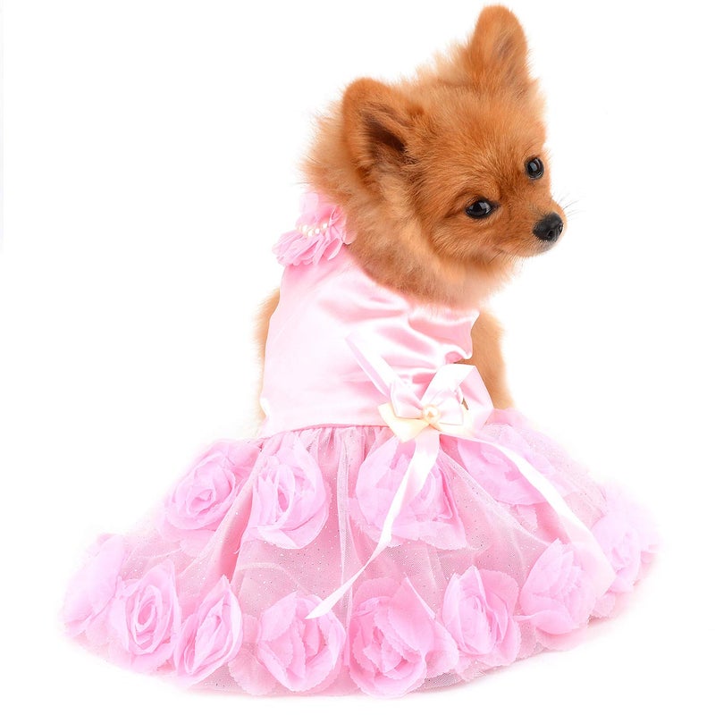 PAIDEFUL Pet Dress for Small Dog Girls Luxury Puppy Wedding Dress Rose Flower Lace Tutu Skirt Silky Bow Birthday Party Dog Clothes,Pink,Size M - Image 1